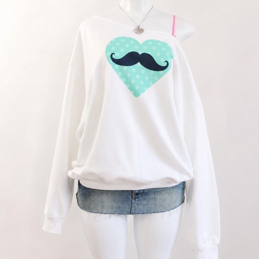 y2k teal moustache graphic off shoulder top